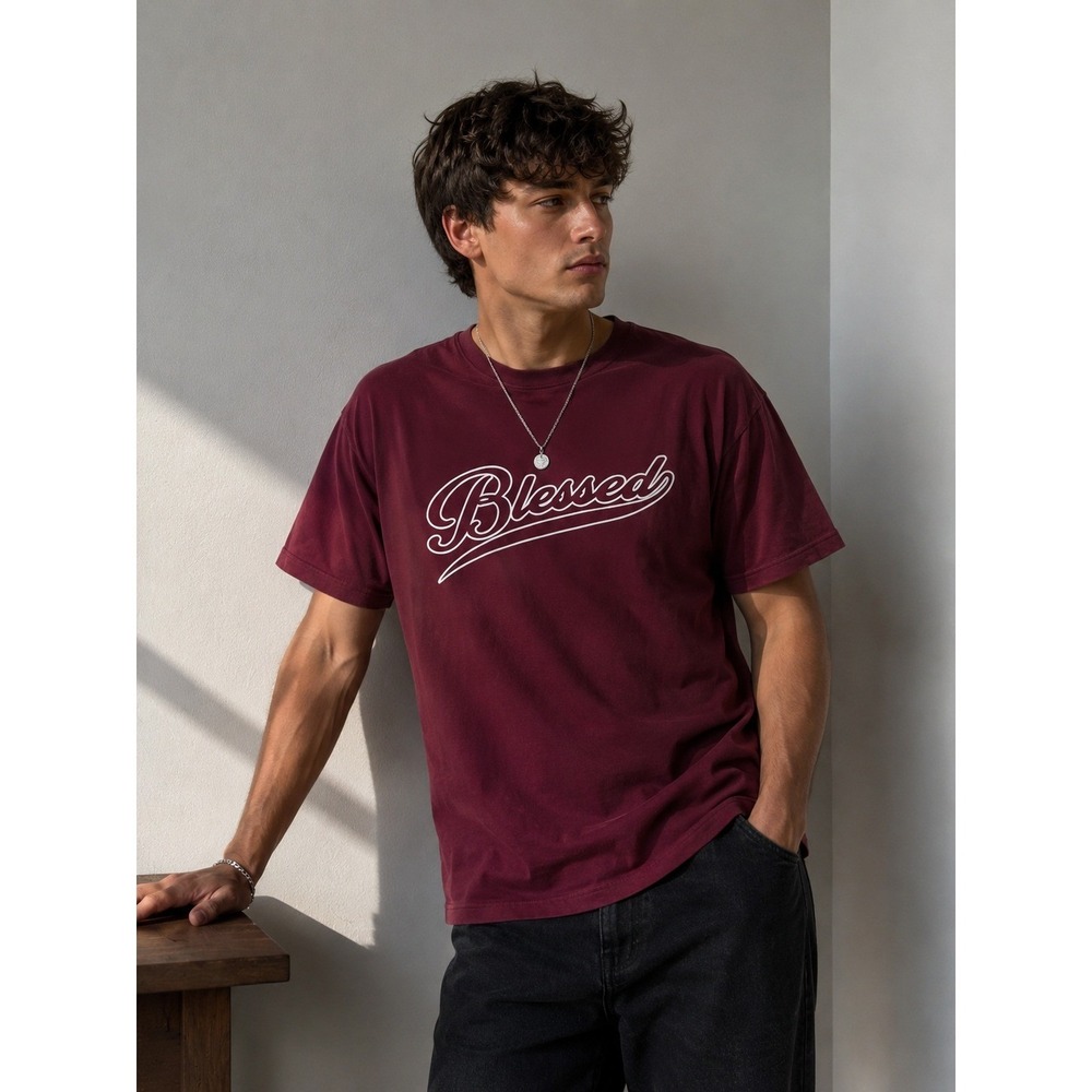 Forever 21 Men Logo T Shirt Large Burgundy Maroon Blessed Graphic Streetwear NWT
